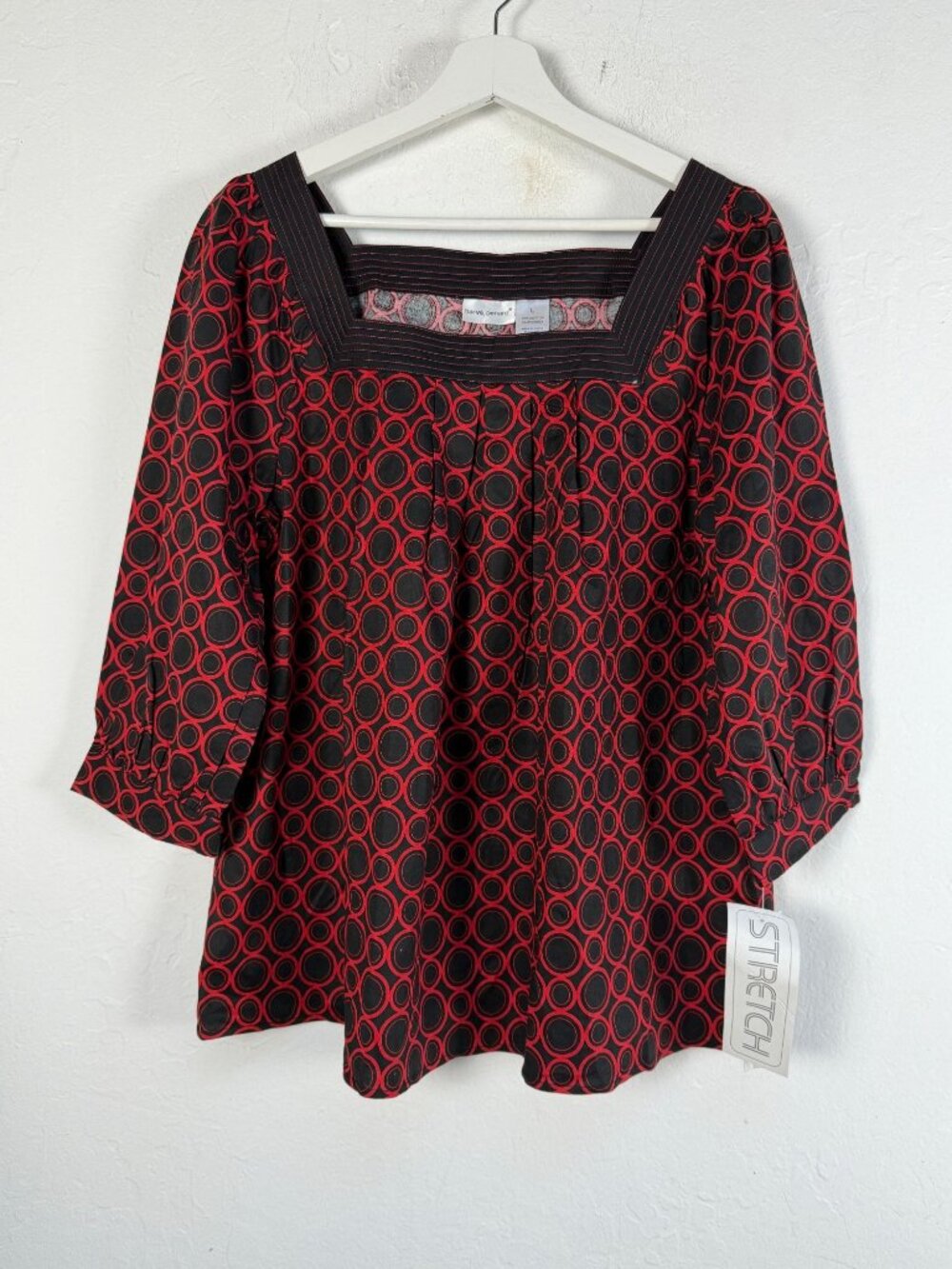 Harvé Benard Women Red Black Geometric Circle Print Square Neck Blouse Large New
